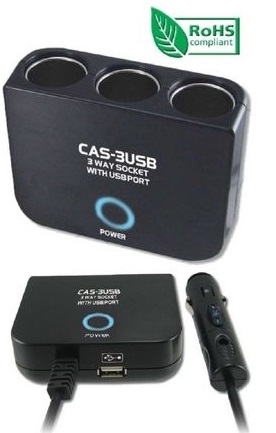 1 x USB Port In Car USB Charging Hub With 3 Accessory Sockets